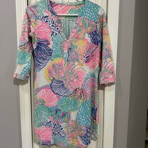 Lilly Pulitzer Floral Tunic Dress Short, Medium Length Sleeves, V Neck